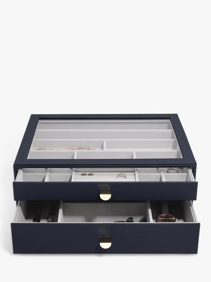 Stackers Supersize Glass Lid 2 Drawer Jewellery Box, Navy