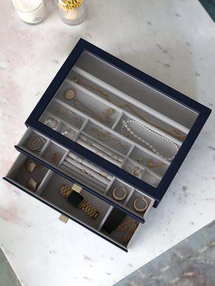 Stackers Supersize Glass Lid 2 Drawer Jewellery Box - view 2, Navy