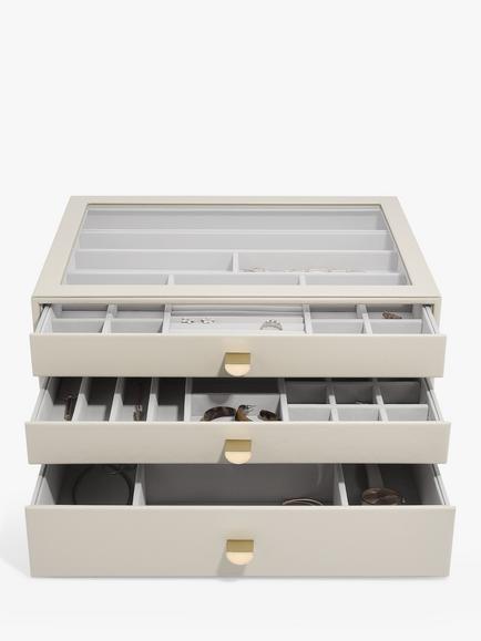 Stackers Supersize Glass Lid 3 Drawer Jewellery Box, Oatmeal