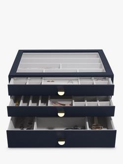 Stackers Supersize Glass Lid 3 Drawer Jewellery Box, Navy