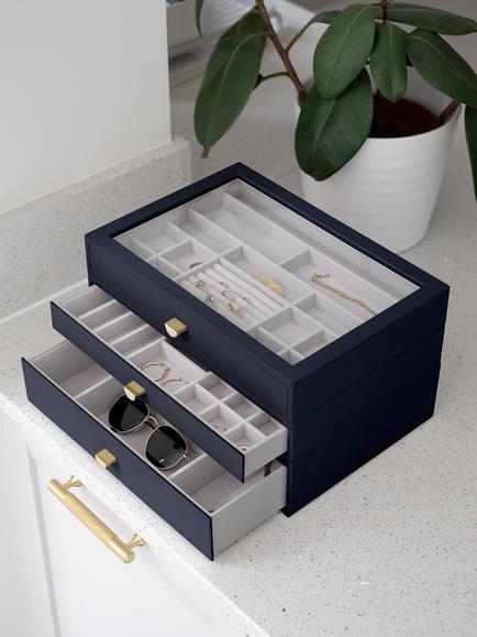 Stackers Supersize Glass Lid 3 Drawer Jewellery Box - view 2, Navy