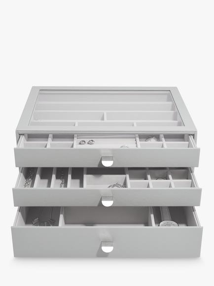 Stackers Supersize Glass Lid 3 Drawer Jewellery Box, Grey
