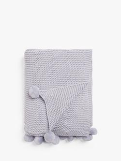 John Lewis Knitted Pom Pure Cotton Throw, Purple