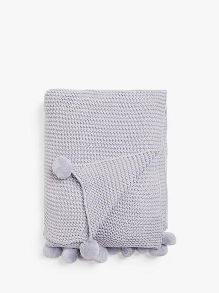 John Lewis Knitted Pom Pure Cotton Throw, Purple