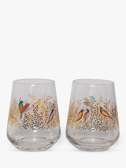 Sara Miller Chelsea Collection Birds Glass Tumbler Set of 2, 410ml, Clear/Multi, Clear/Multi
