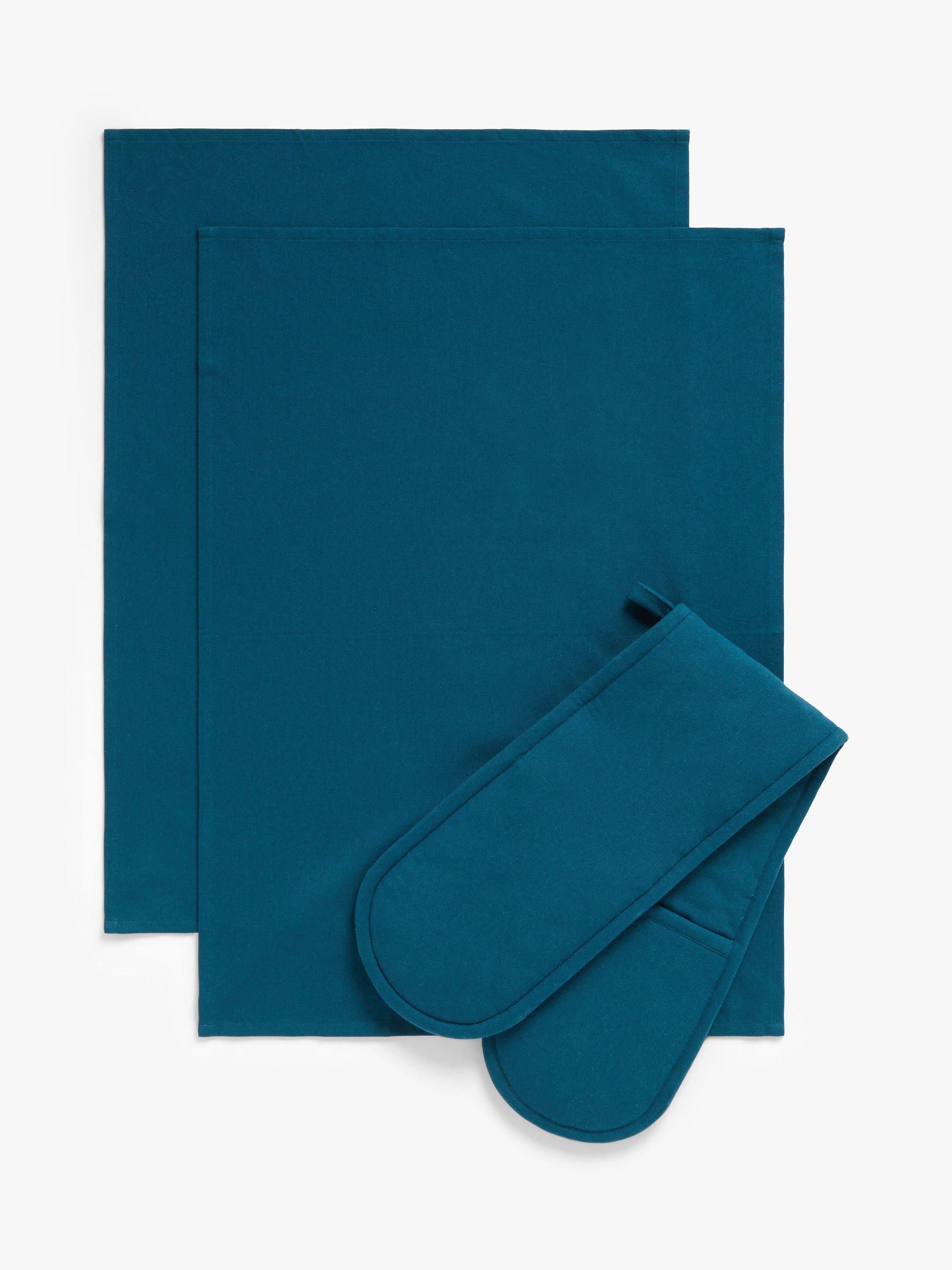 John Lewis Double Oven Gloves & 2 Tea Towels Set, Peacock Blue