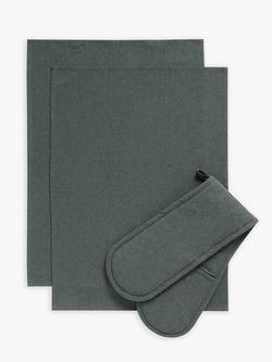 John Lewis Double Oven Gloves & 2 Tea Towels Set, Graphite Melange