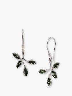 Be-Jewelled Sterling Silver Baltic Amber Leaf Drop Earrings, Green, Green