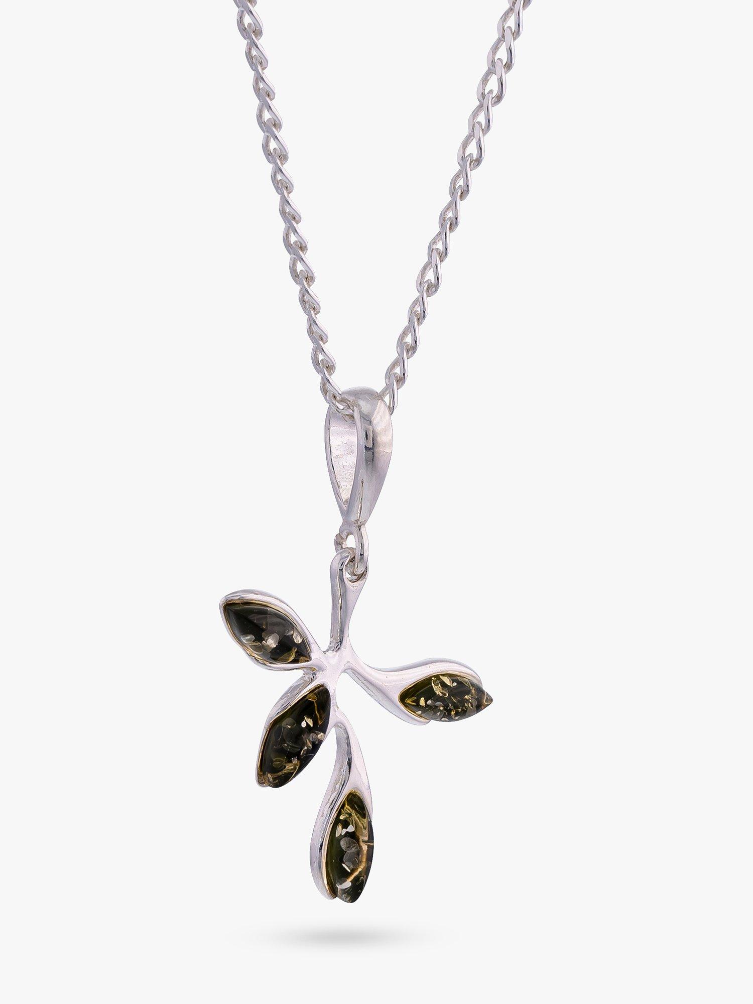 Product image 1 of 4, which shows Be-Jewelled Sterling Silver Baltic Amber Leaf Pendant Necklace, Green