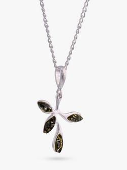 Be-Jewelled Sterling Silver Baltic Amber Leaf Pendant Necklace, Green, Green