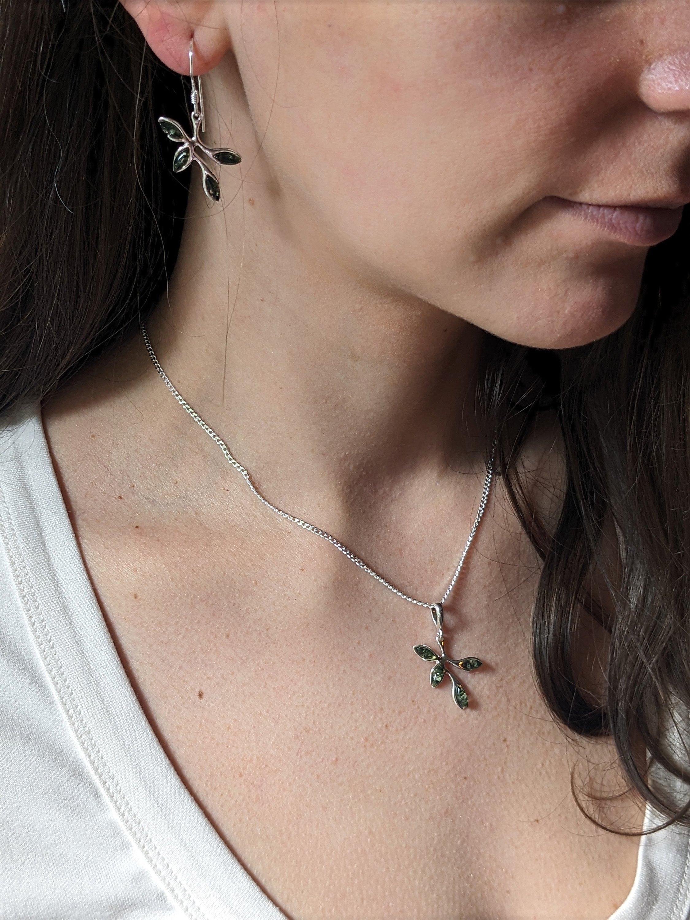 Product image 2 of 4, which shows Be-Jewelled Sterling Silver Baltic Amber Leaf Pendant Necklace, Green