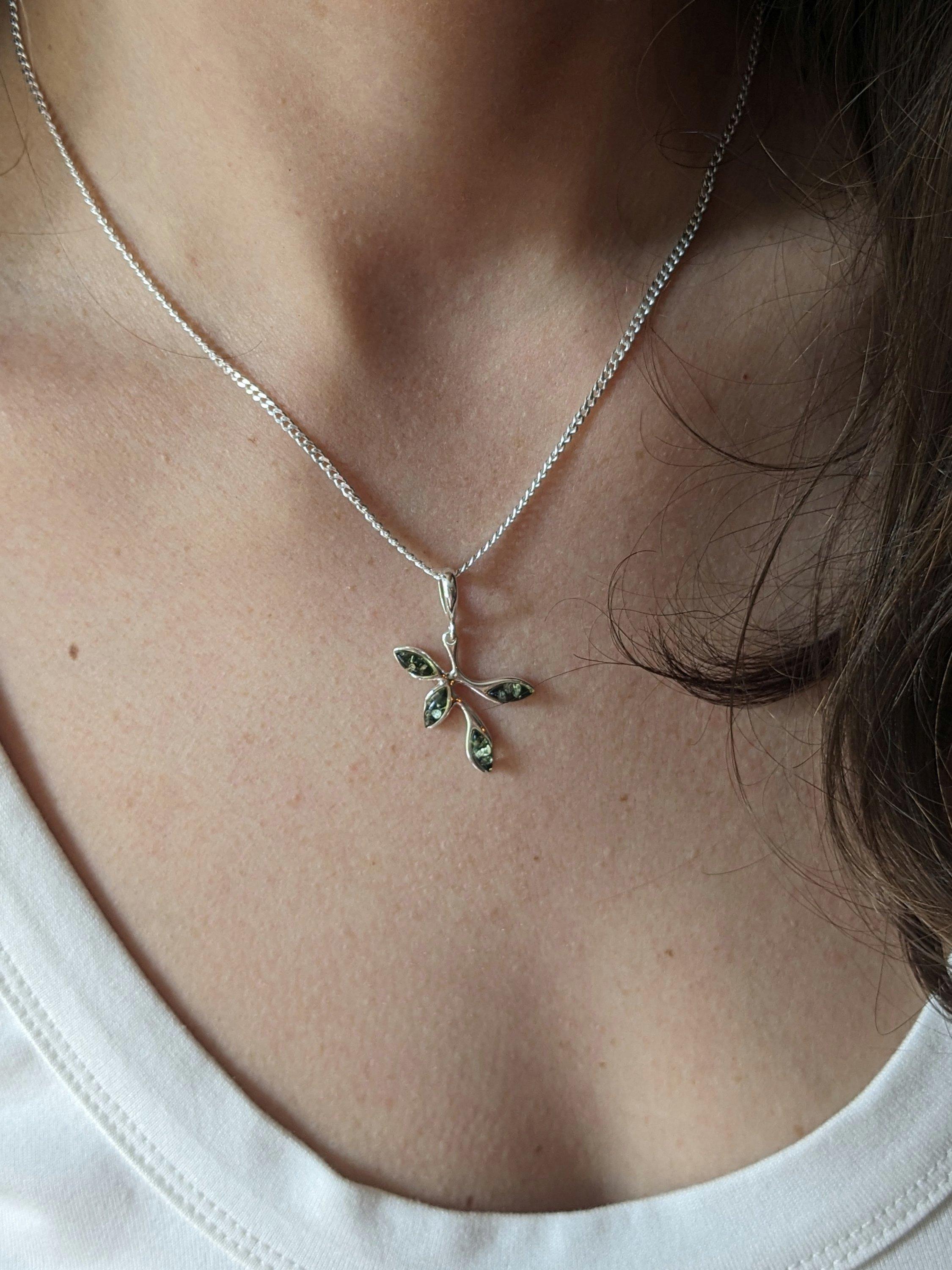 Product image 3 of 4, which shows Be-Jewelled Sterling Silver Baltic Amber Leaf Pendant Necklace, Green