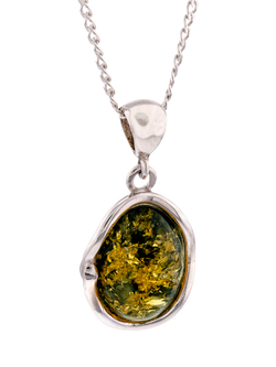 Be-Jewelled Sterling Silver Baltic Amber Oval Cut Pendant Necklace, Green, Green