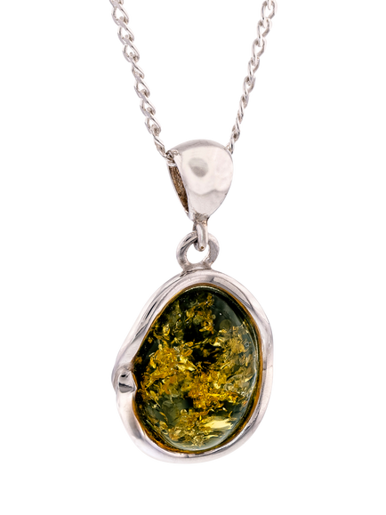 Be-Jewelled Sterling Silver Baltic Amber Oval Cut Pendant Necklace, Green, Green