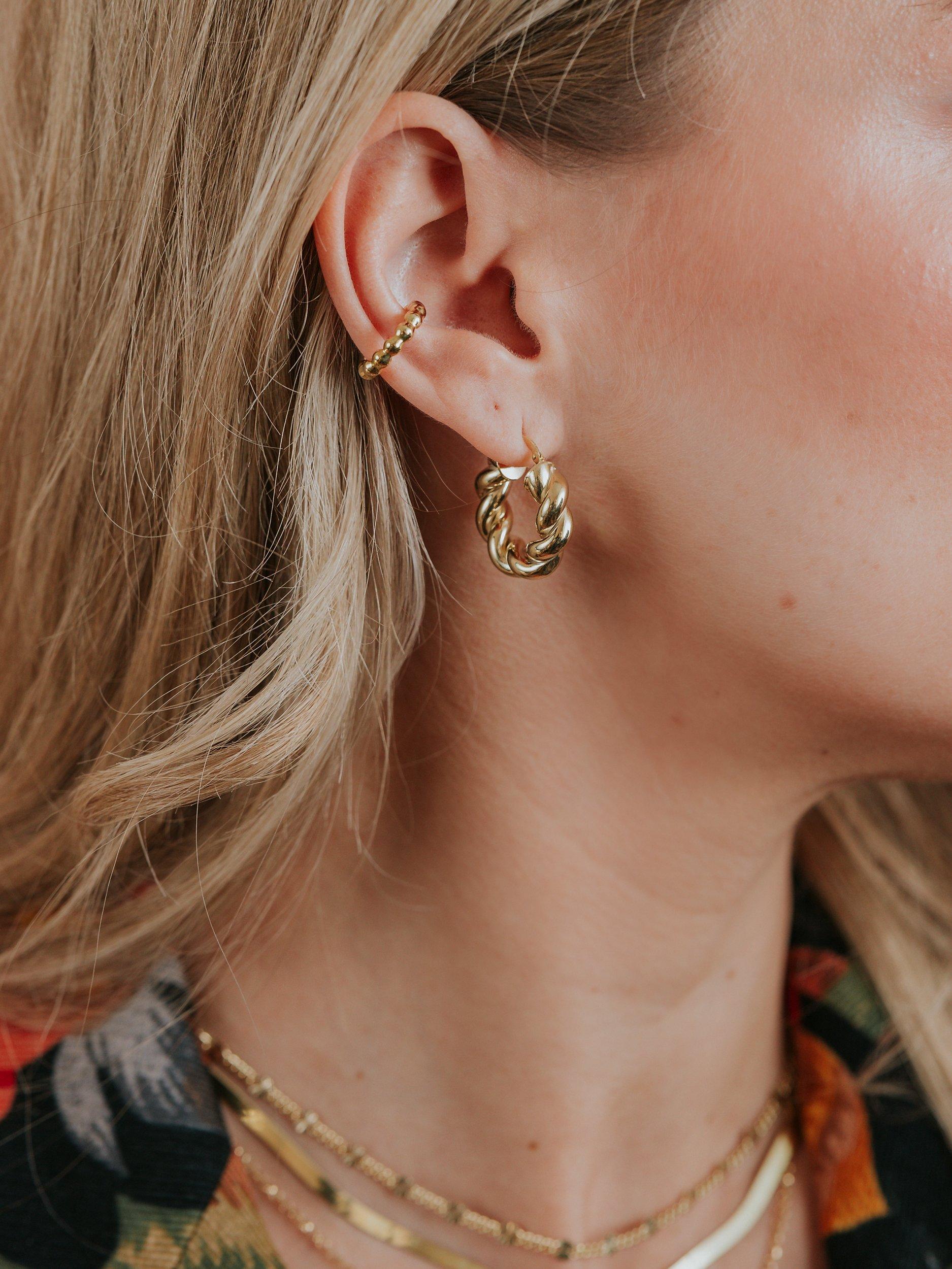 Product image 3 of 4, which shows LARNAUTI Rope Hoop Earrings, Gold