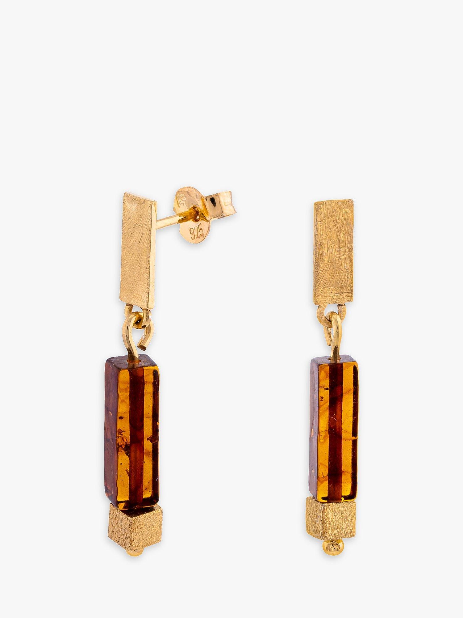 Product image 1 of 5, which shows Be-Jewelled Baltic Amber and Cube Drop Earrings, Gold/Cognac