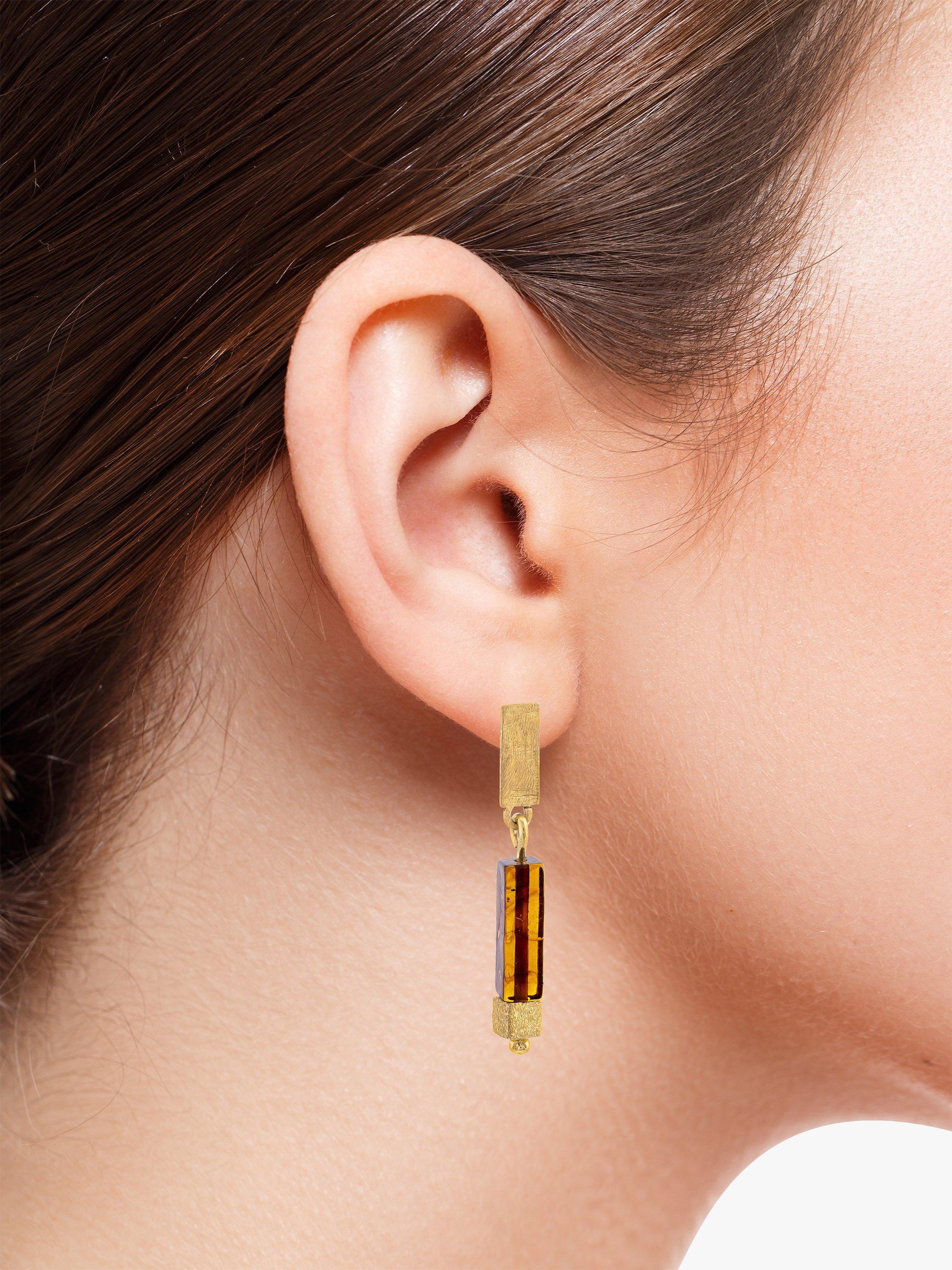 Product image 2 of 5, which shows Be-Jewelled Baltic Amber and Cube Drop Earrings, Gold/Cognac