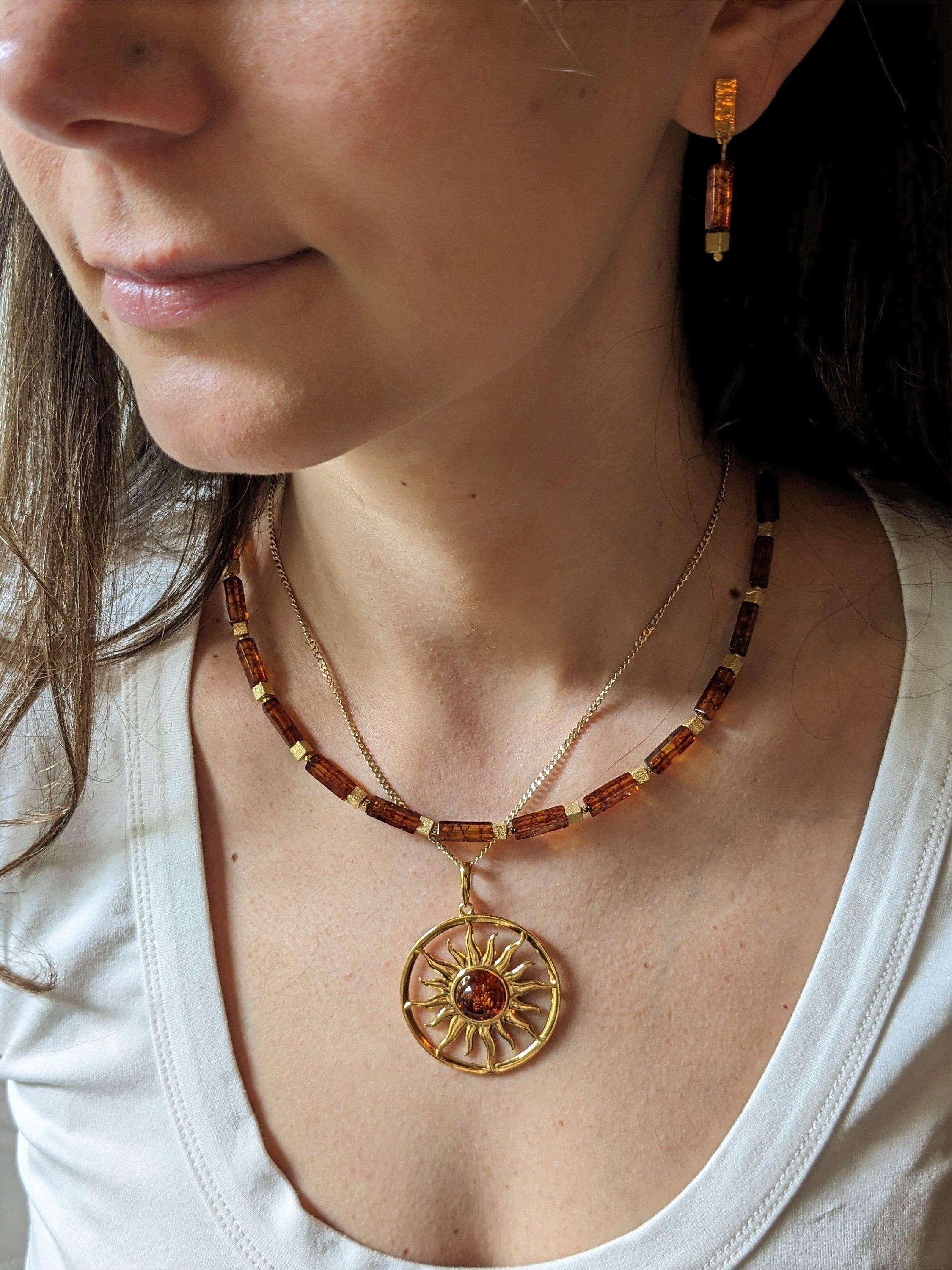 Product image 4 of 5, which shows Be-Jewelled Baltic Amber and Cube Drop Earrings, Gold/Cognac