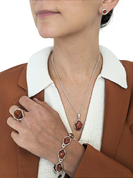 Be-Jewelled Baltic Amber Pendant Necklace, Silver/Cognac - view 2, Silver/Cognac