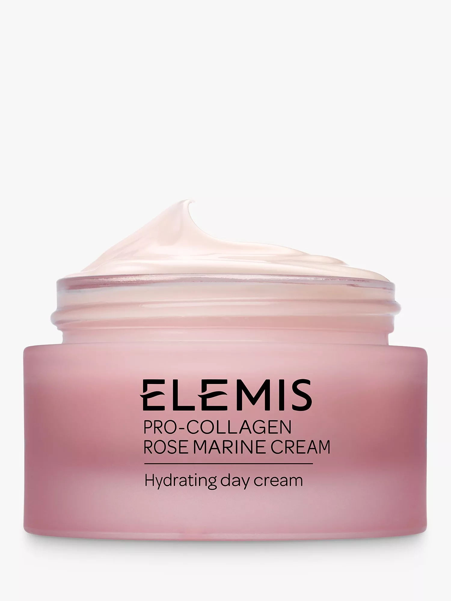 A pink jar of Elemis Pro-Collagen Rose Marine Cream, labelled as a hydrating day cream, with a smooth texture.