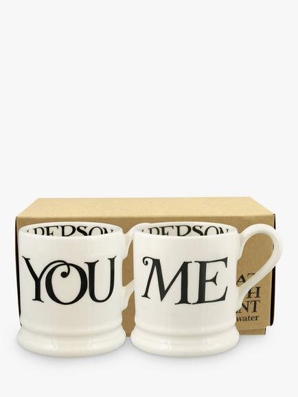 Emma Bridgewater Black Toast 'You & Me' Half Pint Mugs, Set of 2, 300ml, Cream/Black, Cream/Black