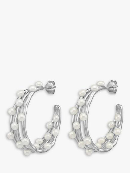 Dower & Hall Waterfall Medium Triple Row Pearl Hoop Earrings, Silver, Silver