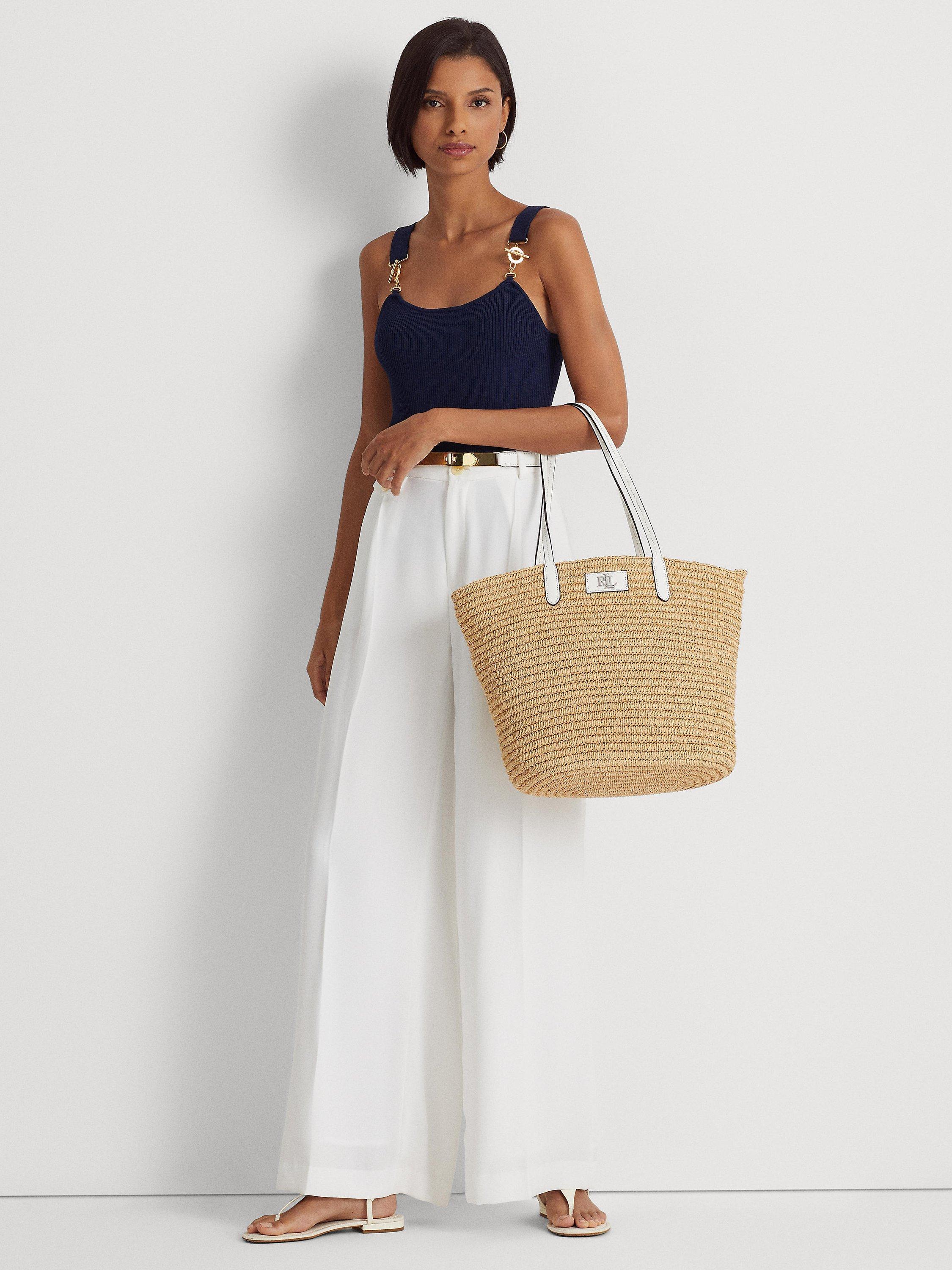 Lauren Ralph Lauren Brie Straw Tote Bag with Pouch, Natural/White