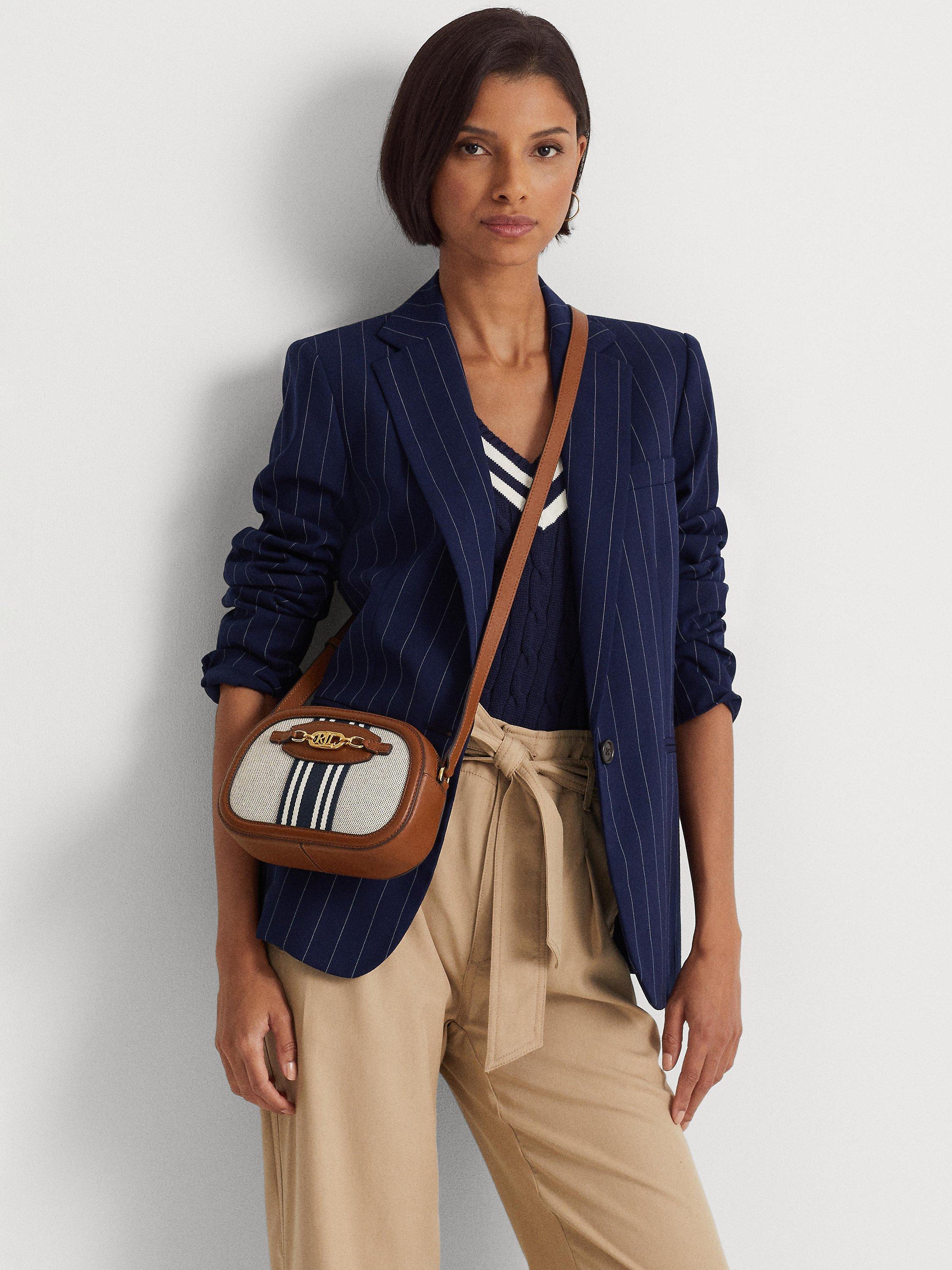 Lauren Ralph Lauren Jordynn 20 Canvas and Leather Stripe Detail Cross Body Bag, Tan/French Navy