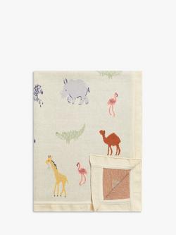 John Lewis Safari Embroidered Cotton Baby Blanket, 100 x 80cm, Multi