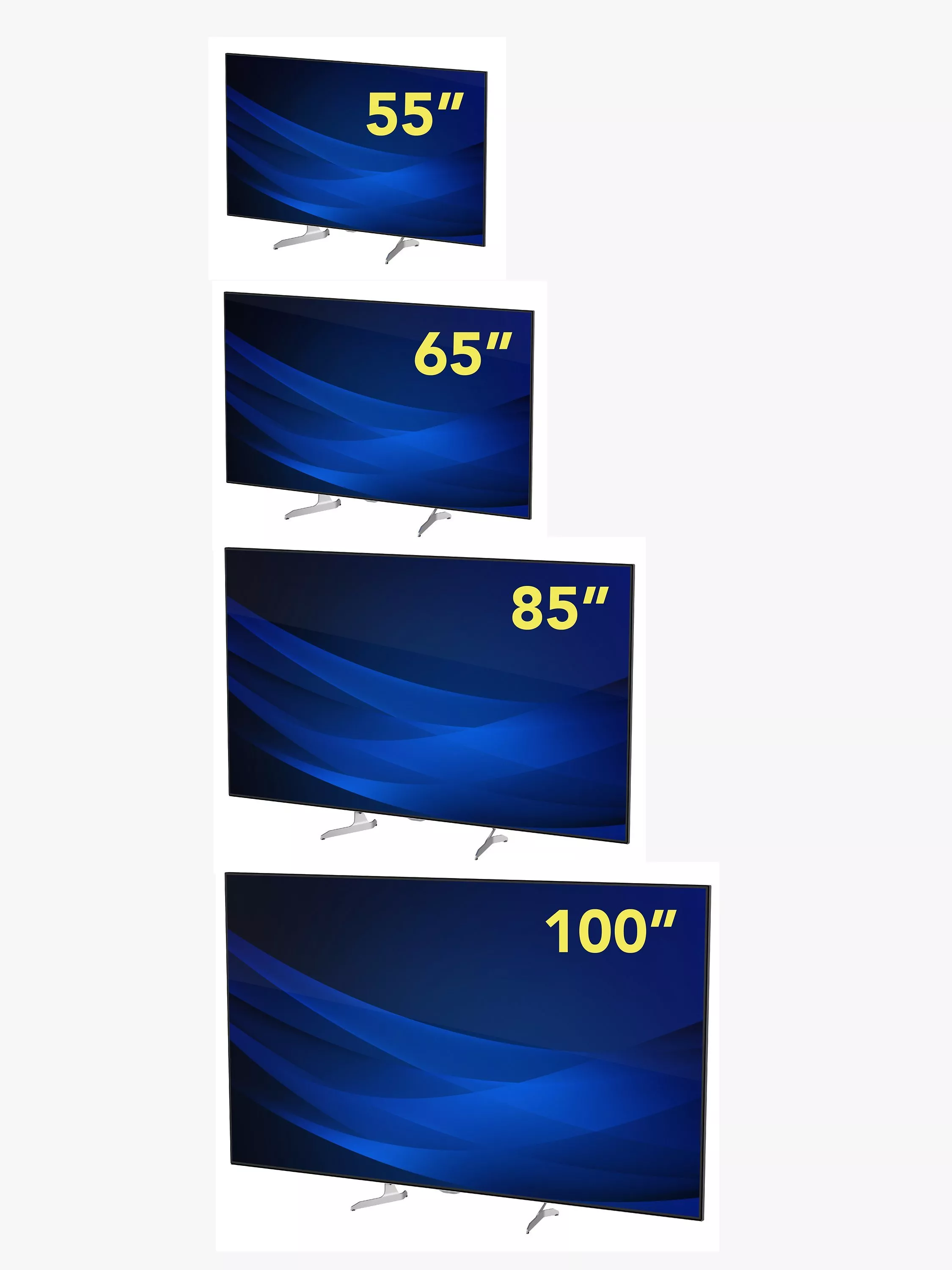 Different sized TVs shown as size options 55", 65", 85", 100"