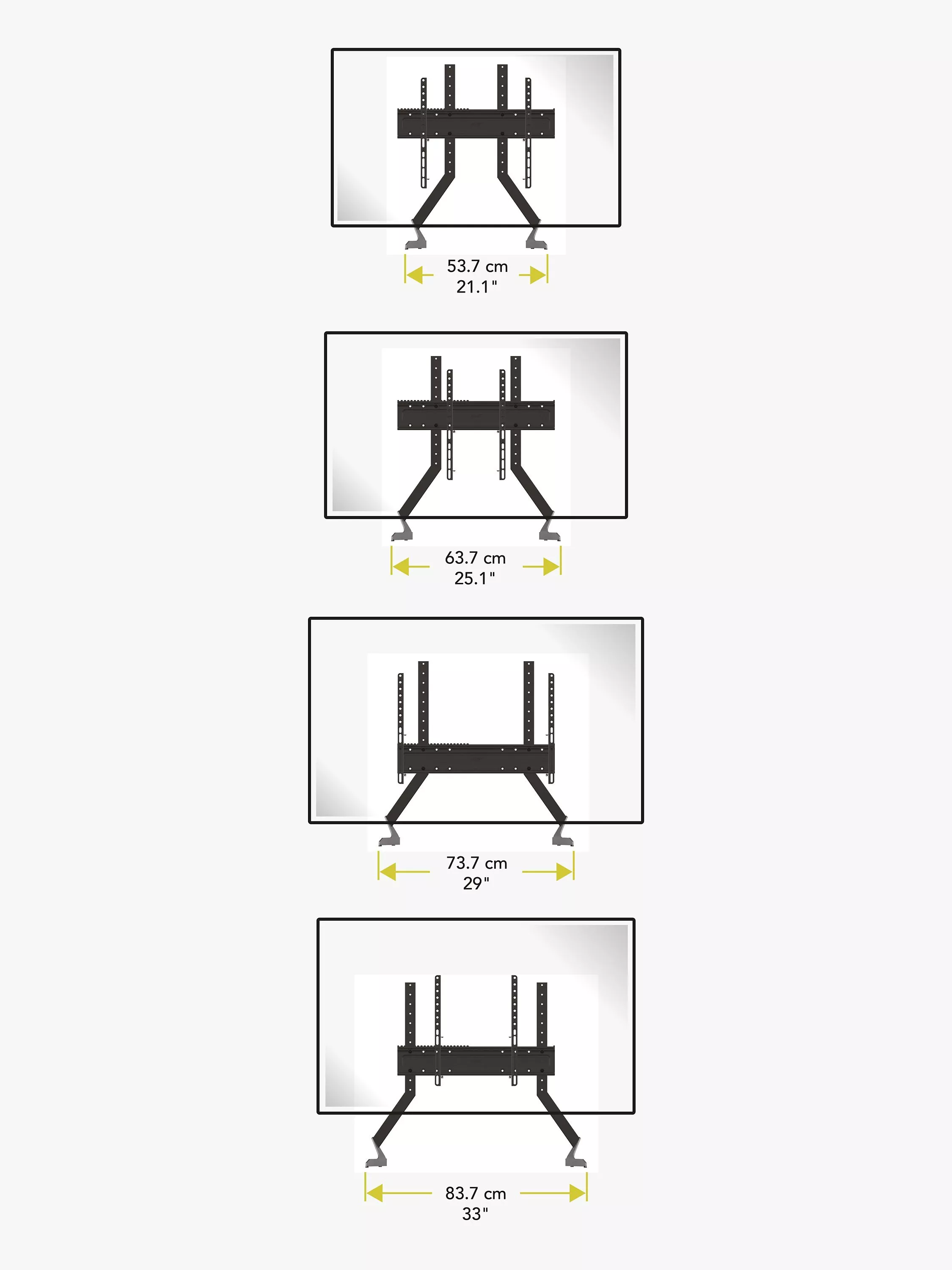 Wall-mounted TV bracket with width measurements in cm and inches