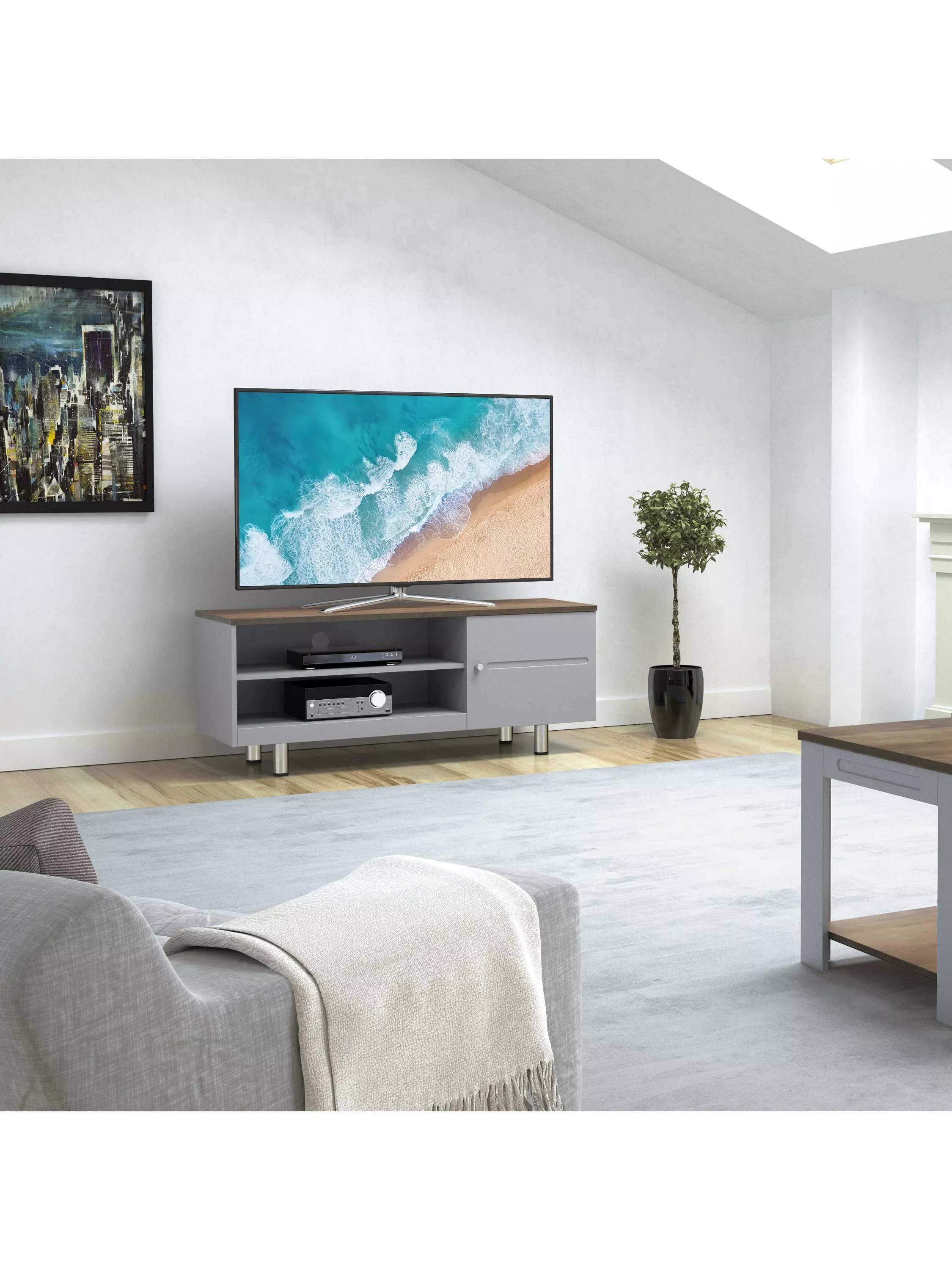 TV stand in a living room setup with TV