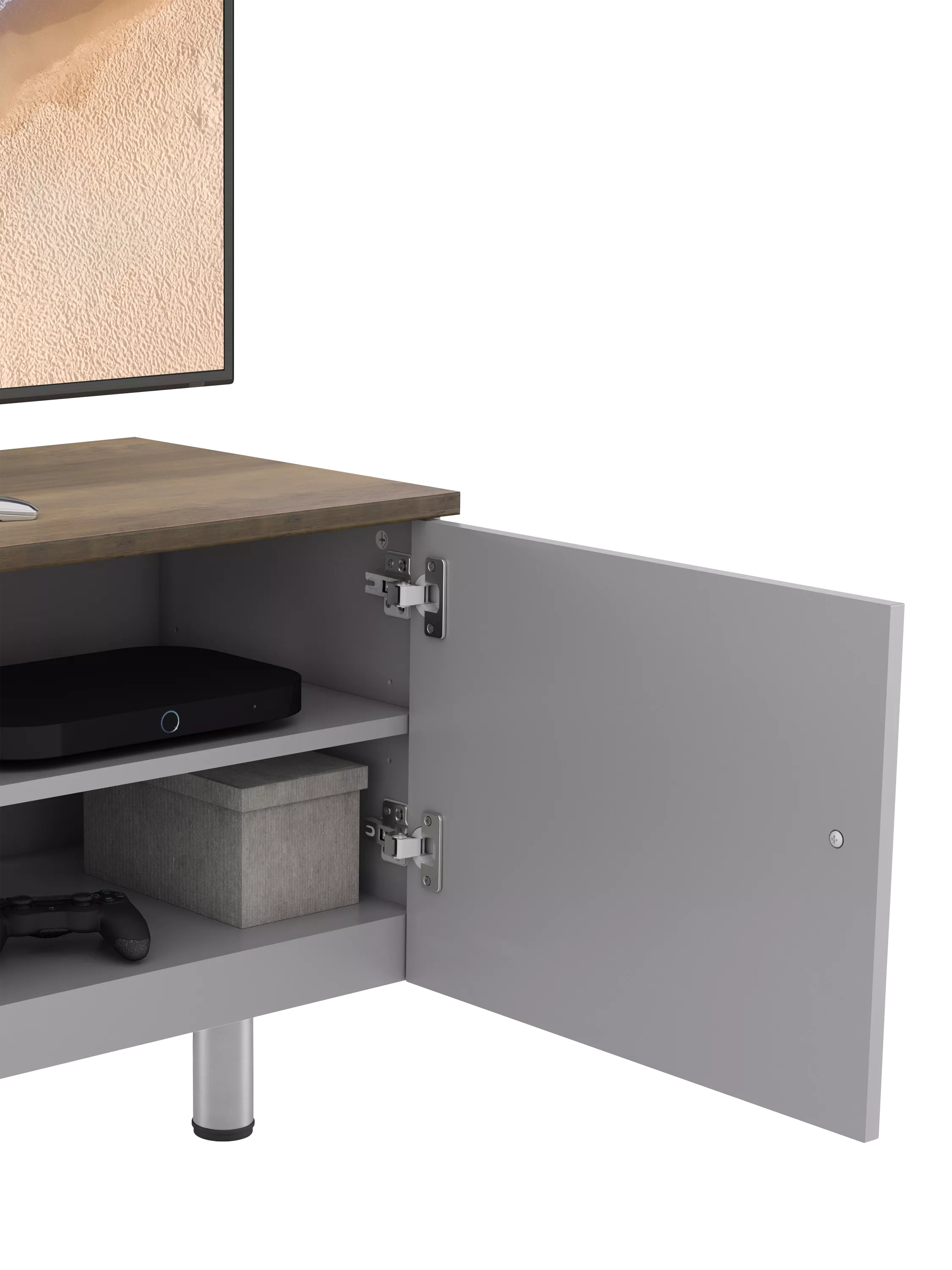 Open cabinet door showing storage inside TV stand