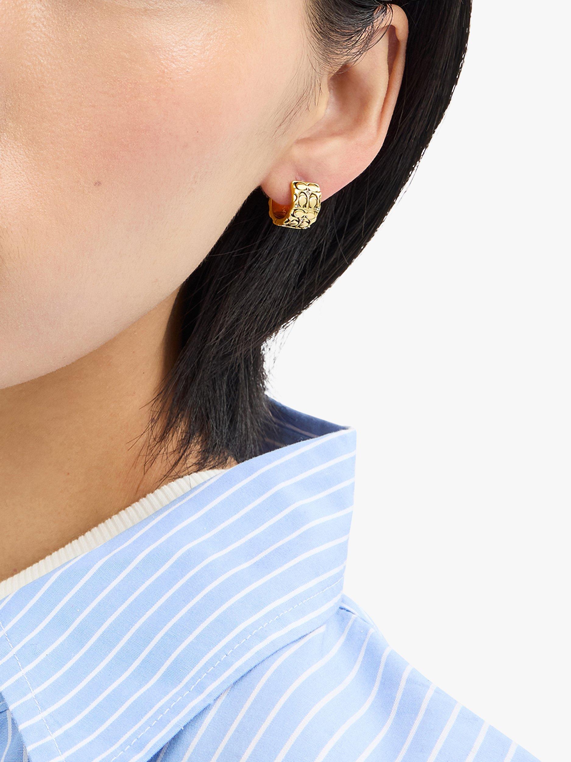 Product image 3 of 3, which shows Coach Engraved Signature C Crystal Hoop Earrings, Golden Shadow