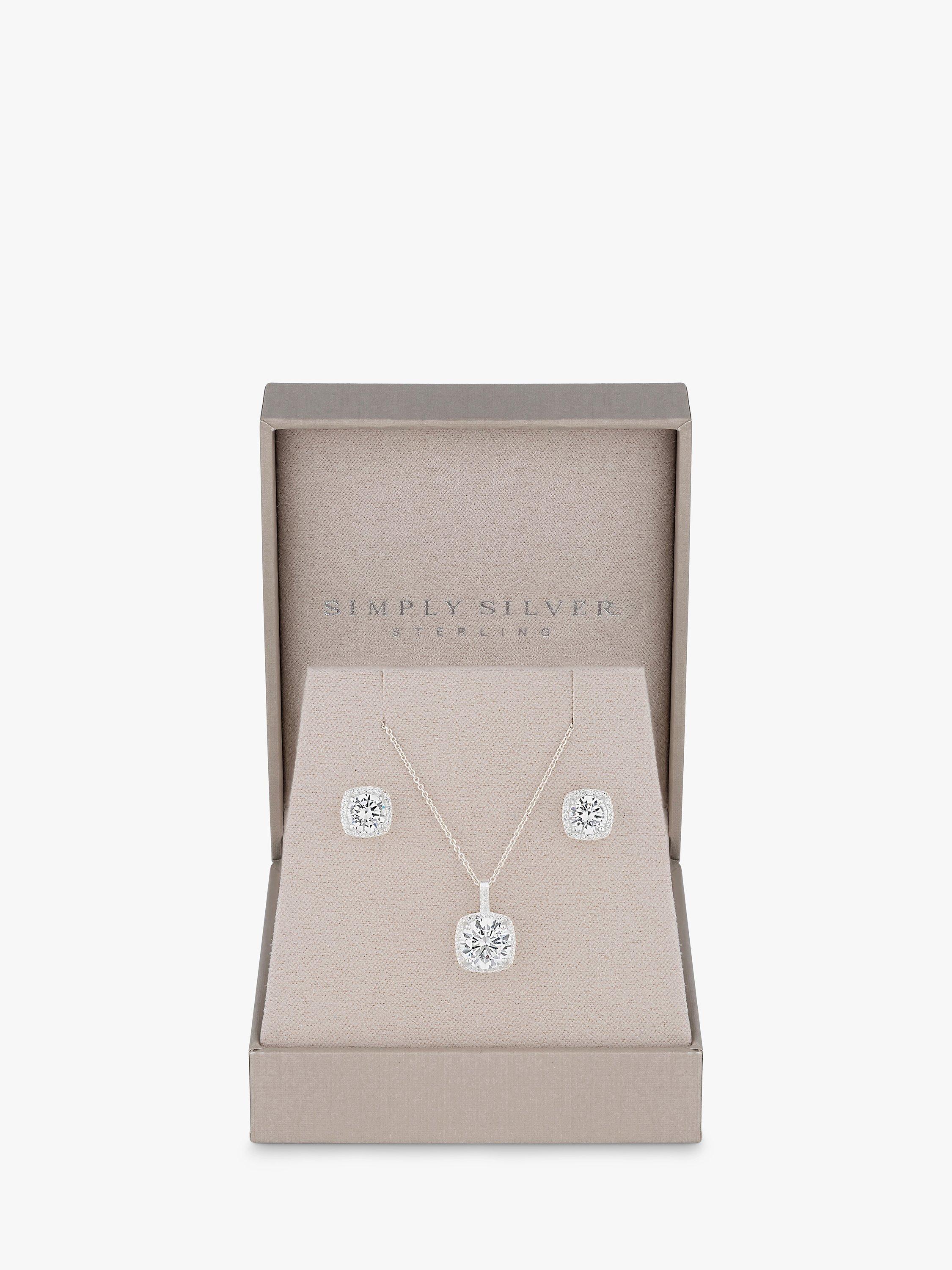 Simply Silver Halo Square Cubic Zirconia Pendant Necklace & Stud Earrings Jewellery Set, Silver