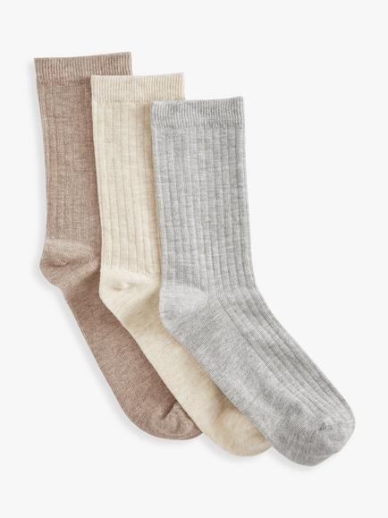 John Lewis Ribbed Organic Cotton Blend Ankle Socks, Pack of 3, Neutrals