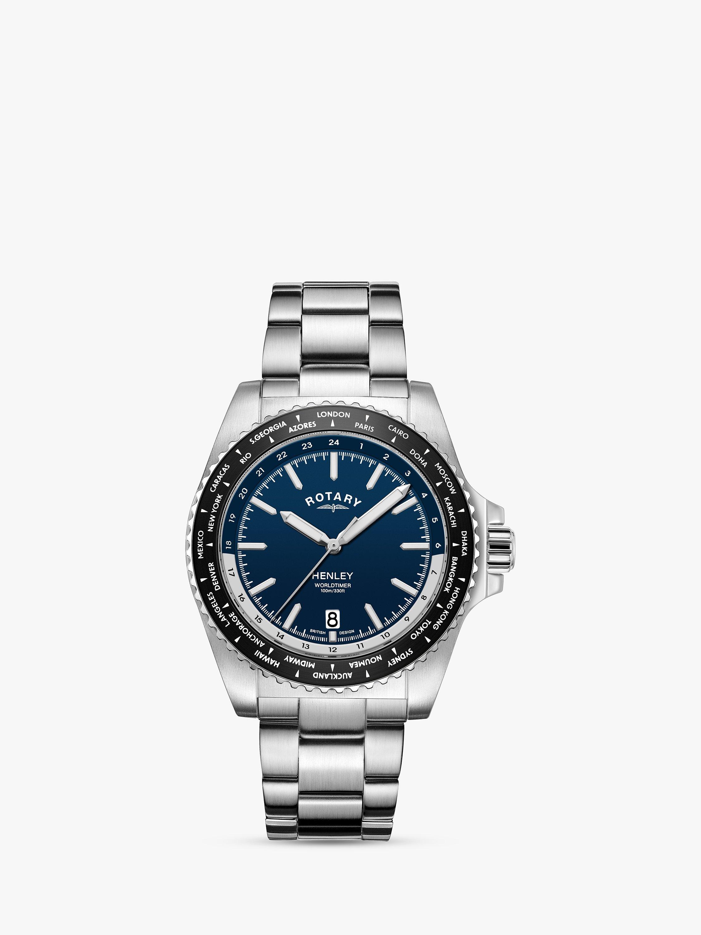 Rotary Men's Henley Worldtimer Bracelet Strap Watch, Silver/Blue GB05370/88