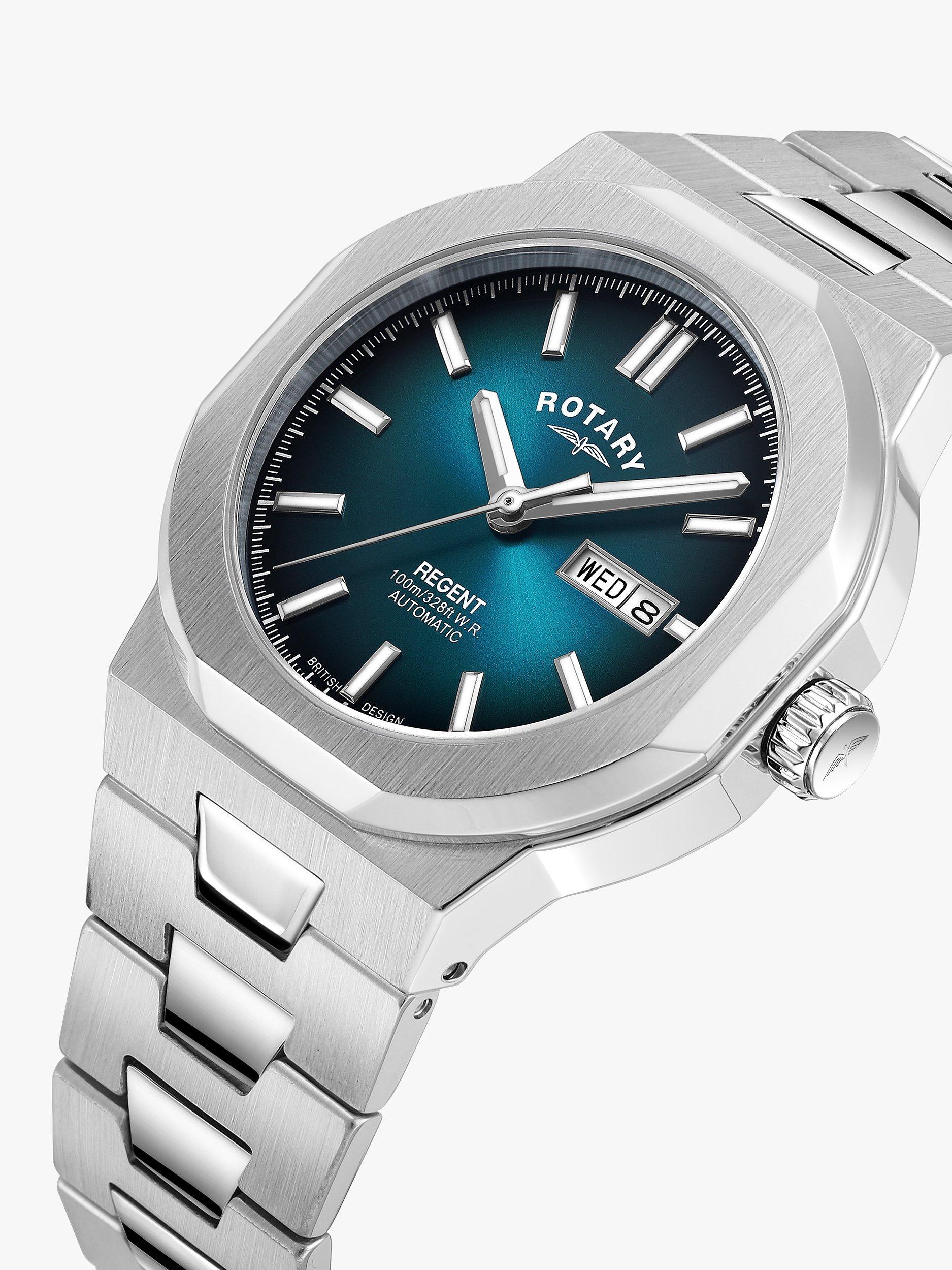 Rotary Men's Regent Automatic Day Date Bracelet Strap Watch, Silver/Teal GB05490/73