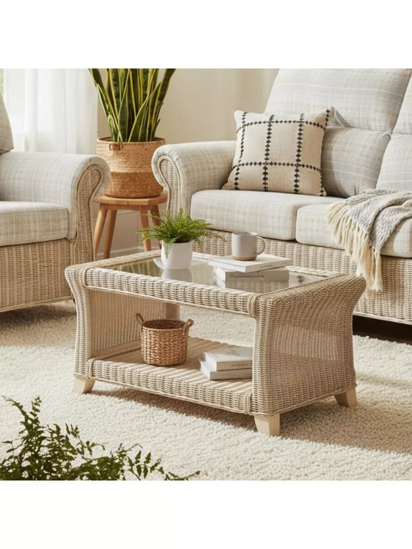 Light neutral wicker coffee table with glass top in cosy living room, books, mug, cushions and plants
