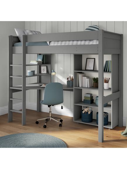 Stompa Classic High Sleeper Frame with Integrated Desk, Shelving and Bookcase, Single, Grey
