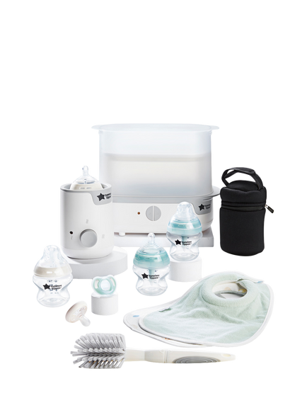 Tommee Tippee Natural Start Electric Steam Steriliser with Insulated Bottle Bag, Newborn Baby Bottles and Easiwarm Bottle Warmer Complete Feeding Set, White