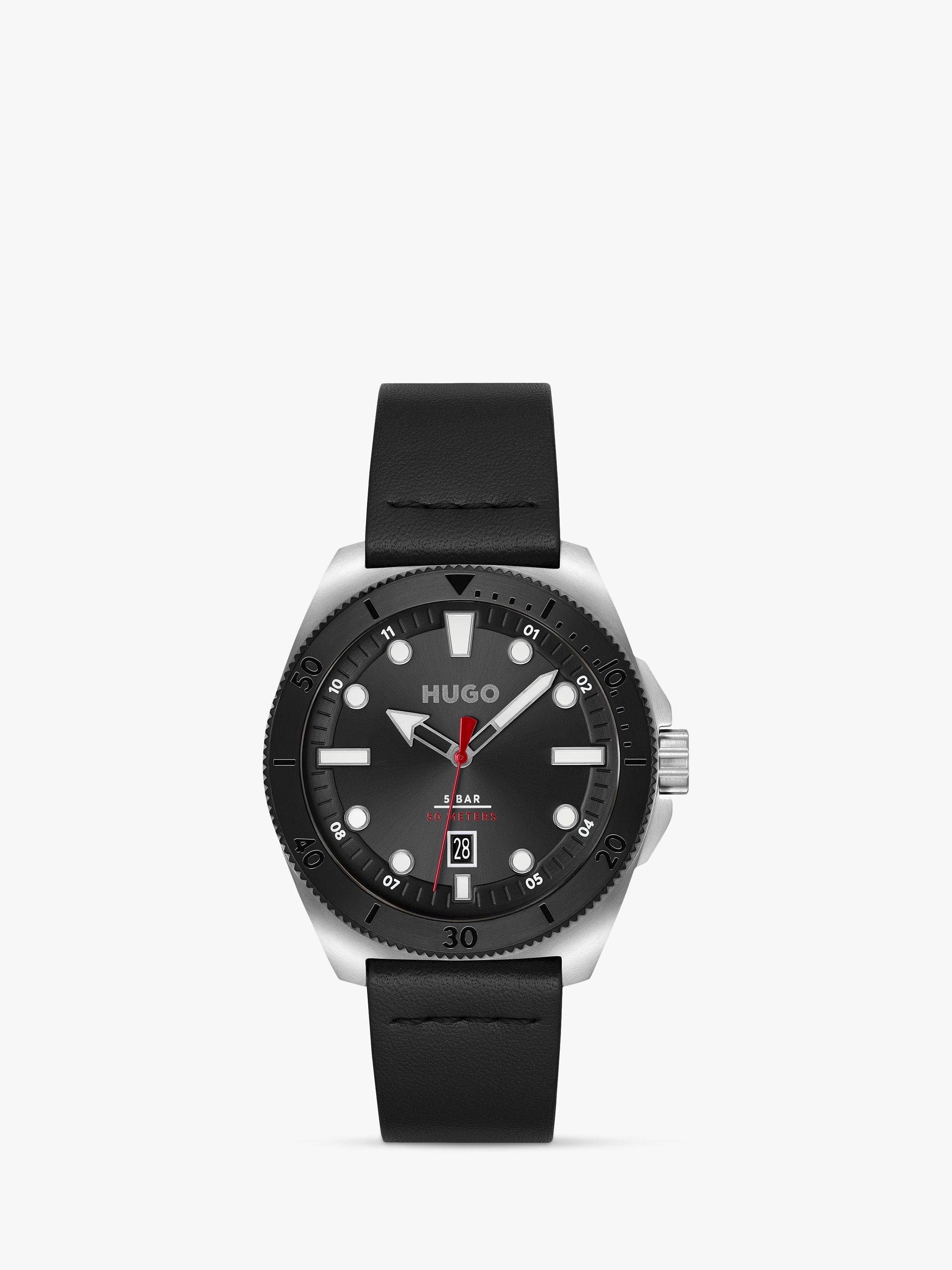 HUGO Men's Visit Leather Strap Watch, Black 1530301