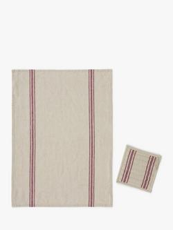 John Lewis Leckford Striped Linen Tea Towel & Pot Holder Set, Mulberry, Mulberry
