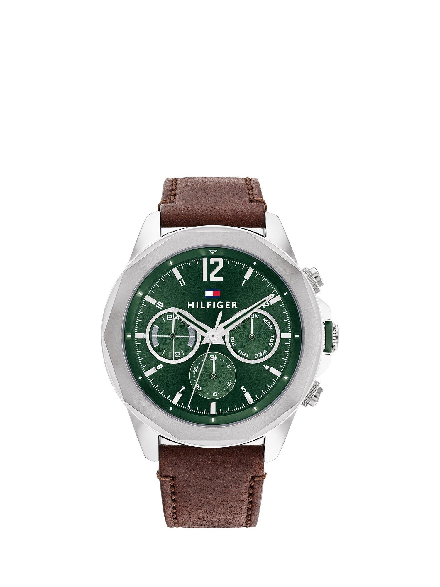 Tommy Hilfiger Men's Lars Chronograph Leather Strap Watch, Brown/Green/Silver 1792064
