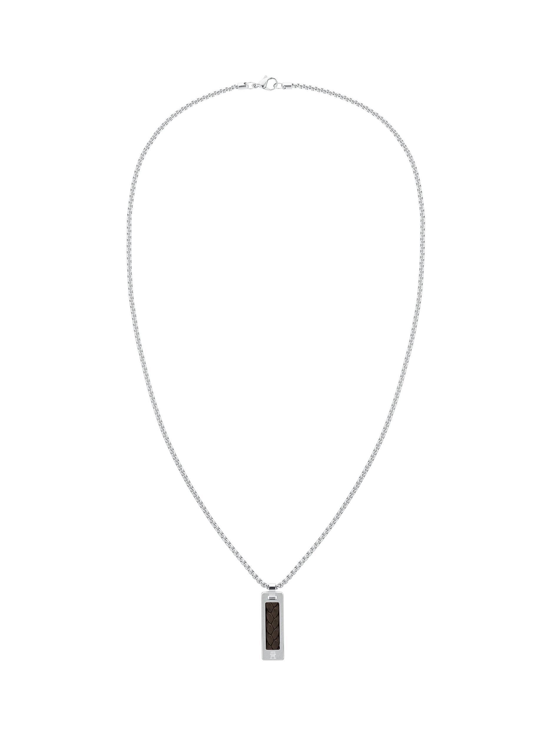 Tommy Hilfiger Men's Leather Dog Tag Necklace, Silver/Brown