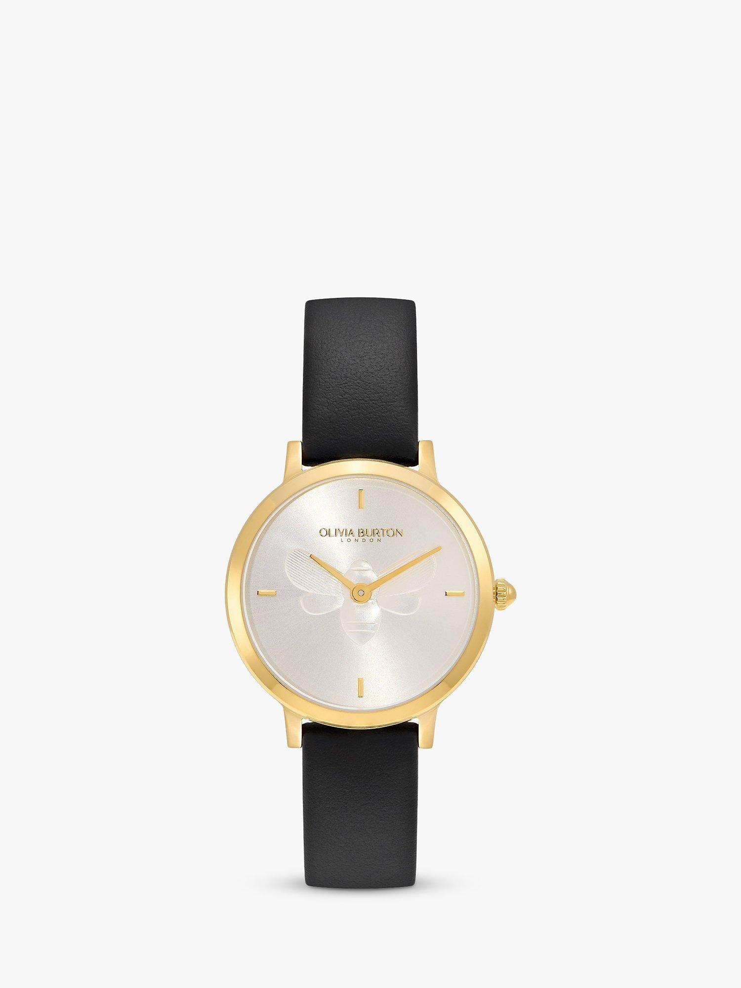 Olivia Burton Women s Signature Slim Bee Leather Strap Watch Black Gold