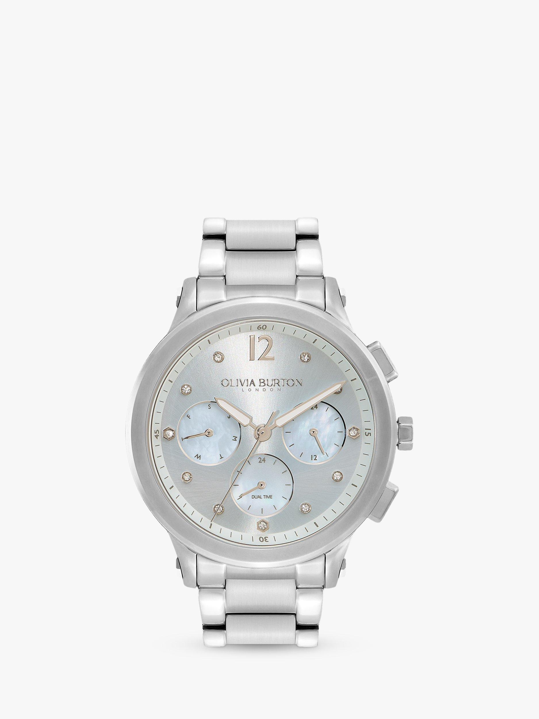 Olivia Burton Sports Luxe Multifunction Bracelet Strap Watch, Silver/Light Blue
