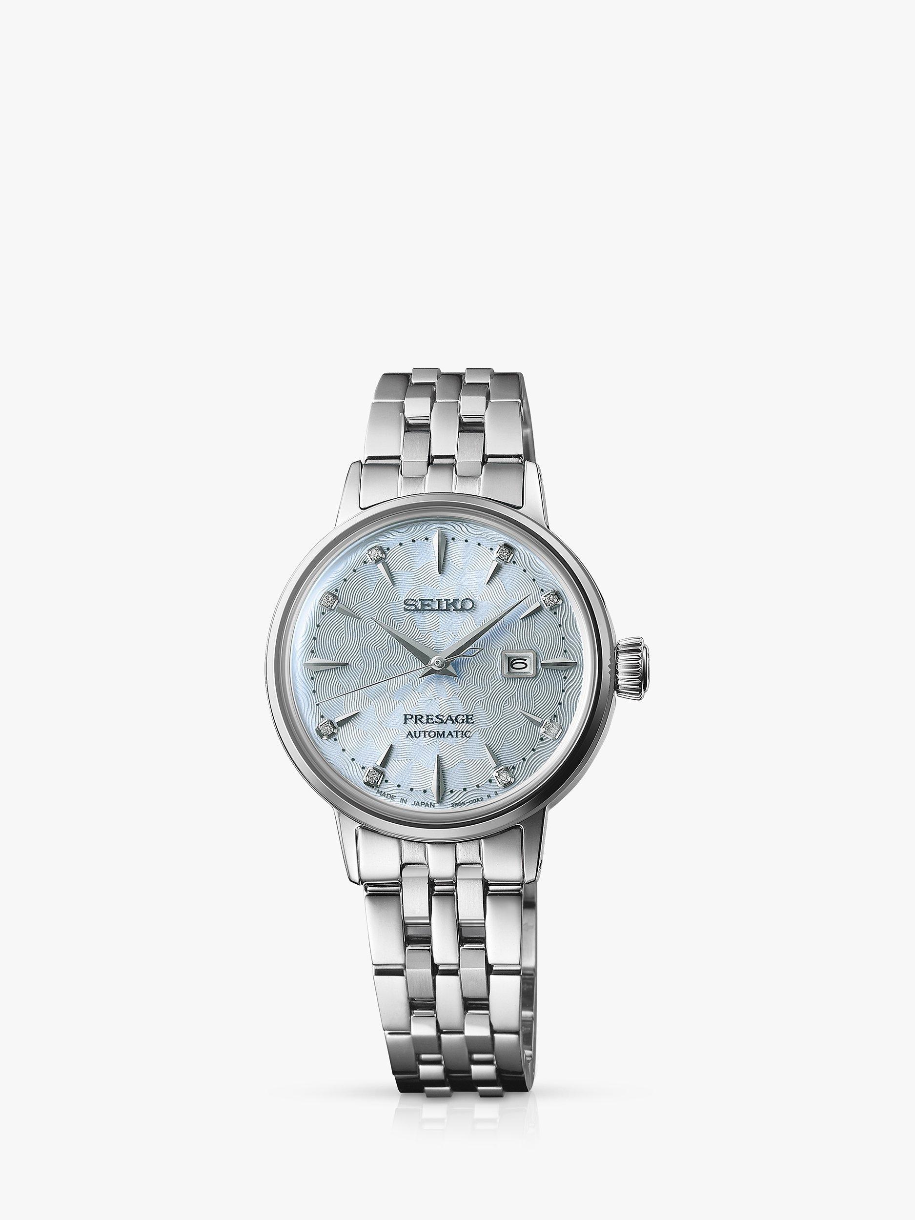 Seiko SRE007J1 Women s Presage Cocktail Time Skydiving Diamond Twist Automatic Bracelet Strap Watch Silver Blue