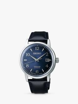 Seiko SRPE43J1 Men's Presage Cocktail Time Old Clock Leather Strap Watch, Blue/Black, Blue/Black