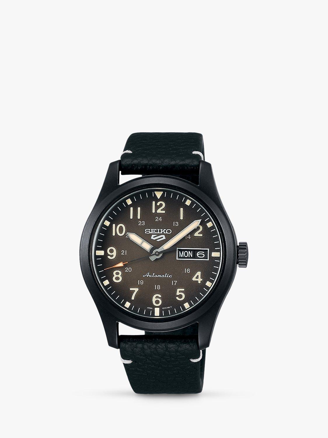 Seiko SRPG41K1 Men's 5 Sports Field Day Date Automatic Leather Strap Watch, Black